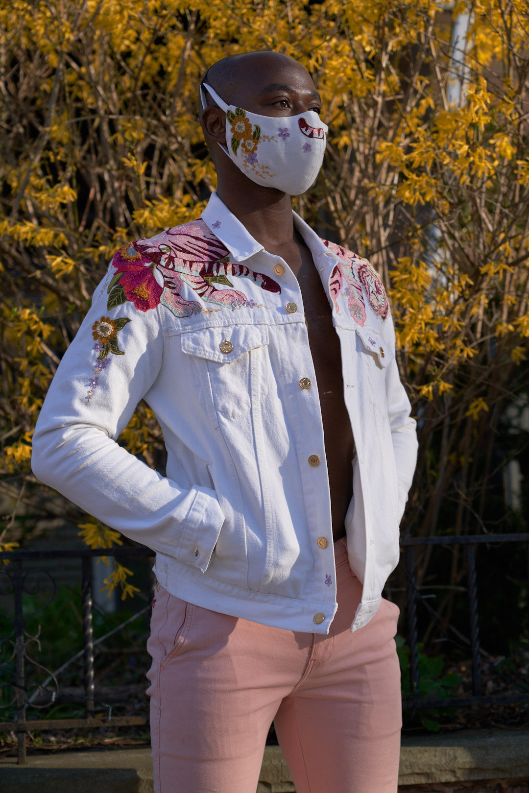 Pink tiger on white denim - jacket and face-mask