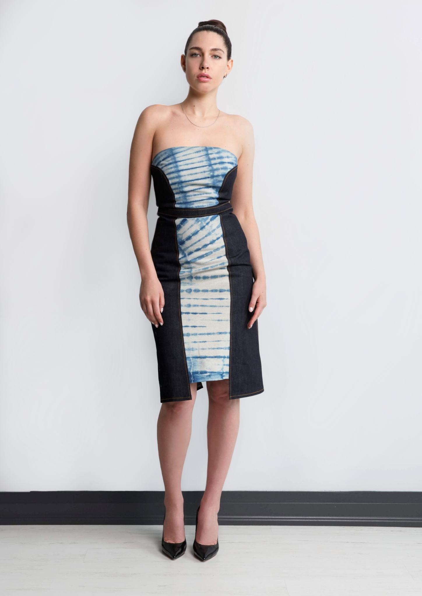 Strapless Shibori Denim Midi Dress | Tanya Theberge Sustainable Fashion Toronto