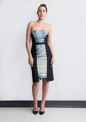Strapless Shibori Denim Midi Dress | Tanya Theberge Sustainable Fashion Toronto